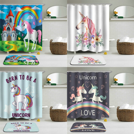 2pc Unicorn Cartoon Shower Curtains Set Bathroom Waterproof lovely Polyester Cloth With Non-slip Floor Mat Bath Curtain Set