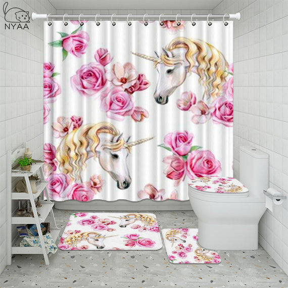 4Pcs/Set Unicorn Golden Mane Flower Wreath Anti Slip Bathroom Rugs Set Waterproof Shower Curtain Mats Toilet Cover Bath Decor