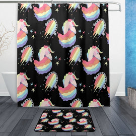 Cute Colorful Magical Unicorn Waterproof Polyester Fabric Shower Curtain with Hooks Doormat Bath Floor Mat Bathroom Home Decor