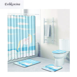 Free Shipping 4Pcs Blue Sky White Unicorn Banyo Paspas Bath Mat Set Bathroom Tapete Banheiro Washable Toilet Rugs Alfombra Bano