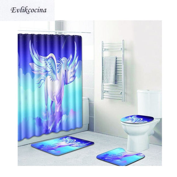 Free Shipping 4Pcs Flying White Unicorns Banyo Paspas Bath Mat Set Bathroom Tapete Banheiro Washable Toilet Rugs Alfombra Bano