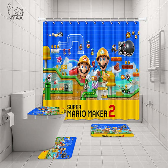 NYAA 4 Pcs Super Mario Shower Curtain Pedestal Rug Lid Toilet Cover Mat Bath Mat Set For Bathroom Decor