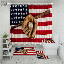 Vixm Vintage Baseball Bathroom Waterproof Shower Curtain Set Pedestal Rug Lid Carpet Toilet Cover Set Bath Curtain Mat Set