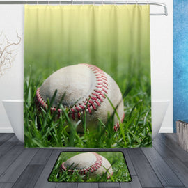 Sports Shower Curtain and Mat Set, Baseball on Grass Waterproof Fabric Bathroom Curtain