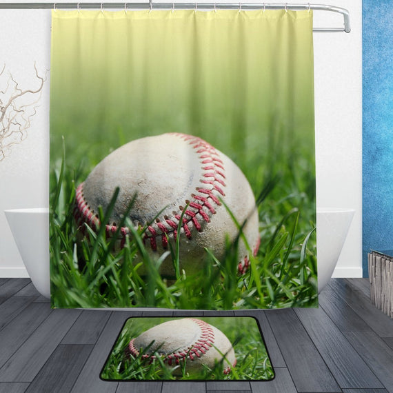 Sports Shower Curtain and Mat Set, Baseball on Grass Waterproof Fabric Bathroom Curtain