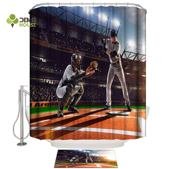 Dearhouse Sports Decoration Baseball Pitch Athlete Shower Curtain Bath Sets With Rugs 2 Piece Bathroom Set Shower Curtain Sets