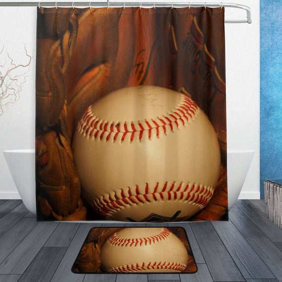 Sports Shower Curtain and Mat Set, Baseball Vintage Style Waterproof Fabric Bathroom Curtain