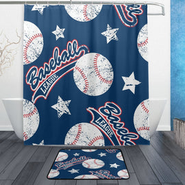 Baseball League Ball Navy Blue Waterproof Polyester Fabric Shower Curtain with Hooks Doormat Bath Bathroom Home Decor