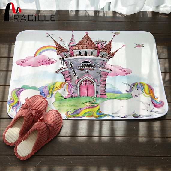 Miracille Cartoon Lovely Animal Unicorn Rainbow Castle Printed Coral Velvet Indoor Outdoor Floor Mat Kitchen Carpets Bath Rugs