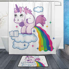 Cute Cartoon Unicorn Animal Shower Curtain and Mat Set, Smiling Unicorn Pooping a Rainbow Waterproof Fabric Bathroom Curtain