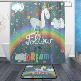 Cute Unicorn Beautiful Rainbow Waterproof Polyester Fabric Shower Curtain with Hooks Doormat Bath Floor Mat Bathroom Home Decor