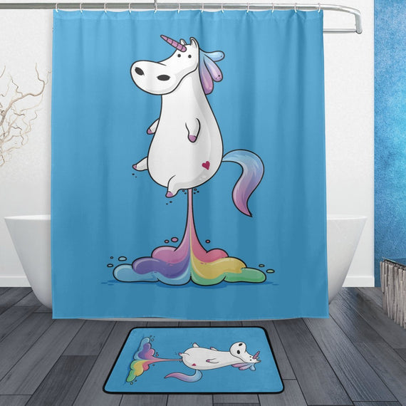 Cartoon Animal Rainbow Unicorn Shower Curtain and Mat Set, Cute Fat Unicorn Farting Rainbow Waterproof Fabric Bathroom Curtain