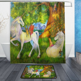 Animal Unicorn Shower Curtain and Mat Set, Forest Fairy Waterproof Fabric Bathroom Curtain