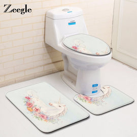 Zeegle Unicorn Pattern Bath Mat Anti-Slip Bathroom Carpet Absorbent Rug Toilet U Type Bath Mat Set Non Slip Pad