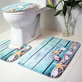 3Pcs Bath Mats Bathroom Carpet Ocean Underwater World Anti Slip Toilet Pattern Flannel Toilet Seat Cover Set