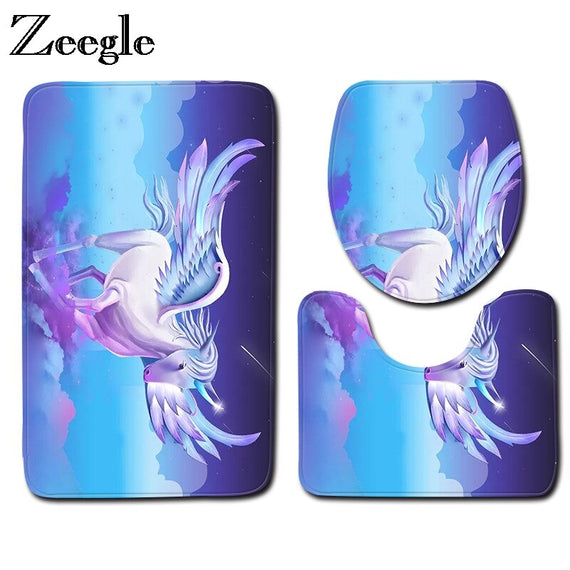 Zeegle 3pcs/set Toilet Bath Mat Unicorn Pattern Bathroom Mats Rugs Anti-slip Bathroom Floor Mats Pedestal Rug Toilet Seat Cover