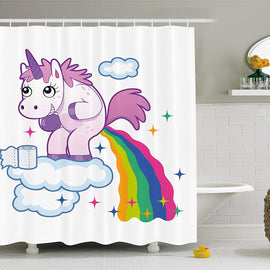 Funny Shower Curtain Unicorn Pooping Rainbow Over Clouds Creative Kids Girls Fairy Tale Fantasy Cartoon Fabric Bathroom Set