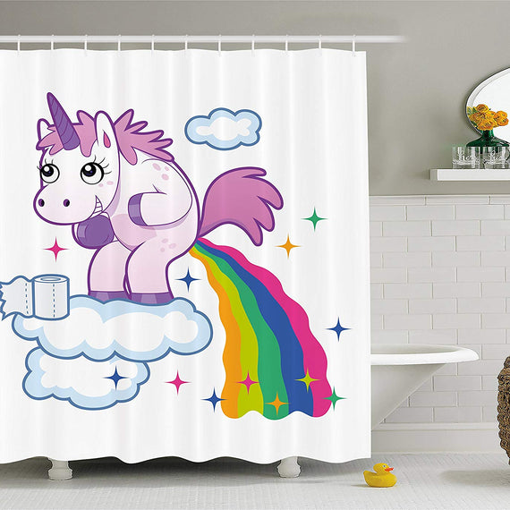 Funny Shower Curtain Unicorn Pooping Rainbow Over Clouds Creative Kids Girls Fairy Tale Fantasy Cartoon Fabric Bathroom Set