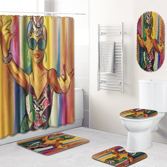 Fashion African Woman style Polyester Shower Curtain Set Non-Slip Rugs Carpet for Bathroom Toilet Flannel Bath Mat Set 5pcs /set